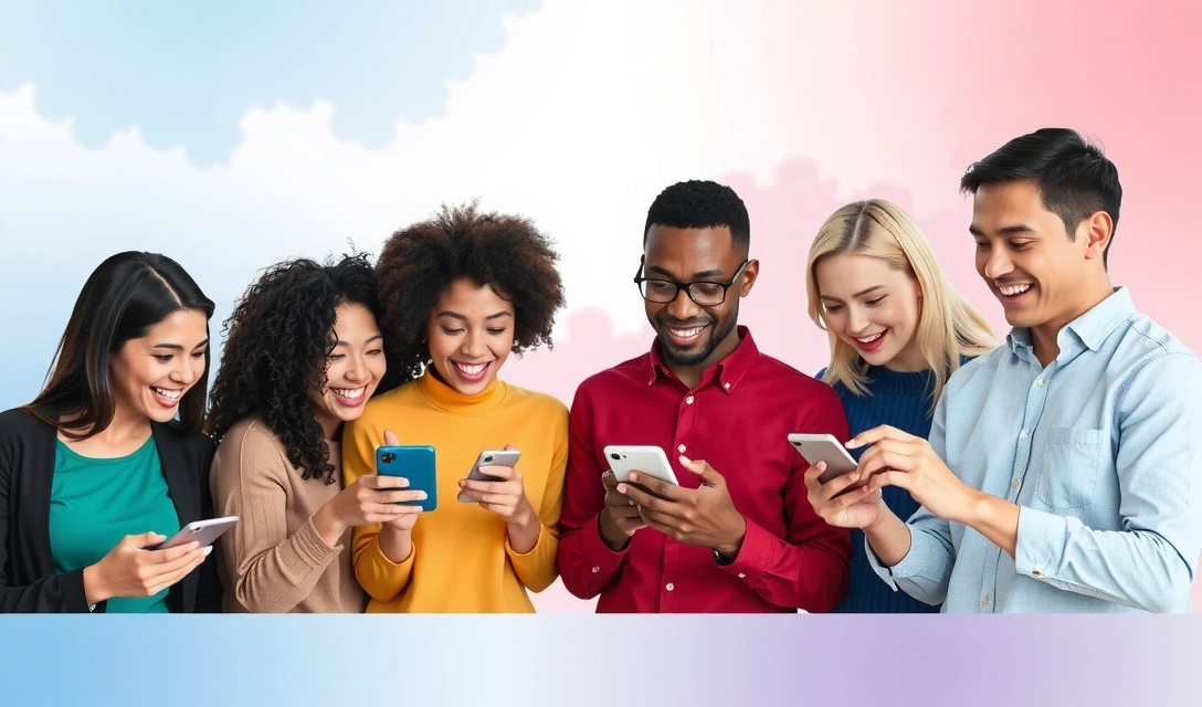 Persone che interagiscono sui social media, sorridenti e con smartphone