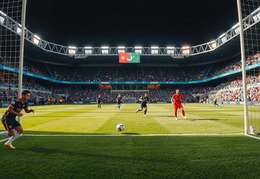 Calciatore che segna un gol in uno stadio pieno