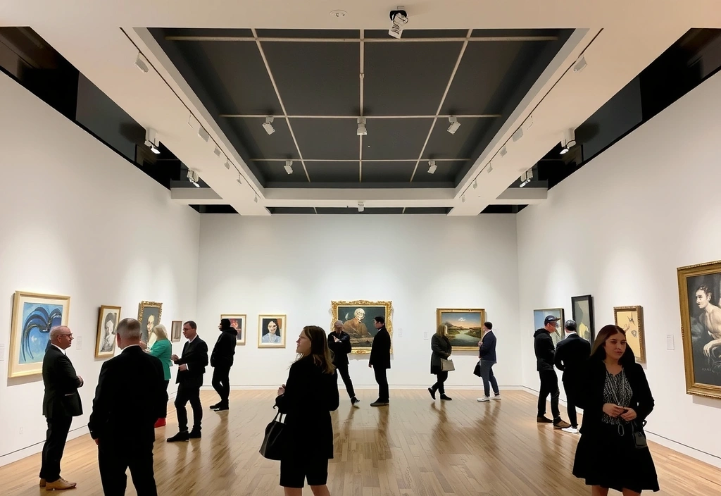 Mostra d'arte moderna con persone che ammirano le opere