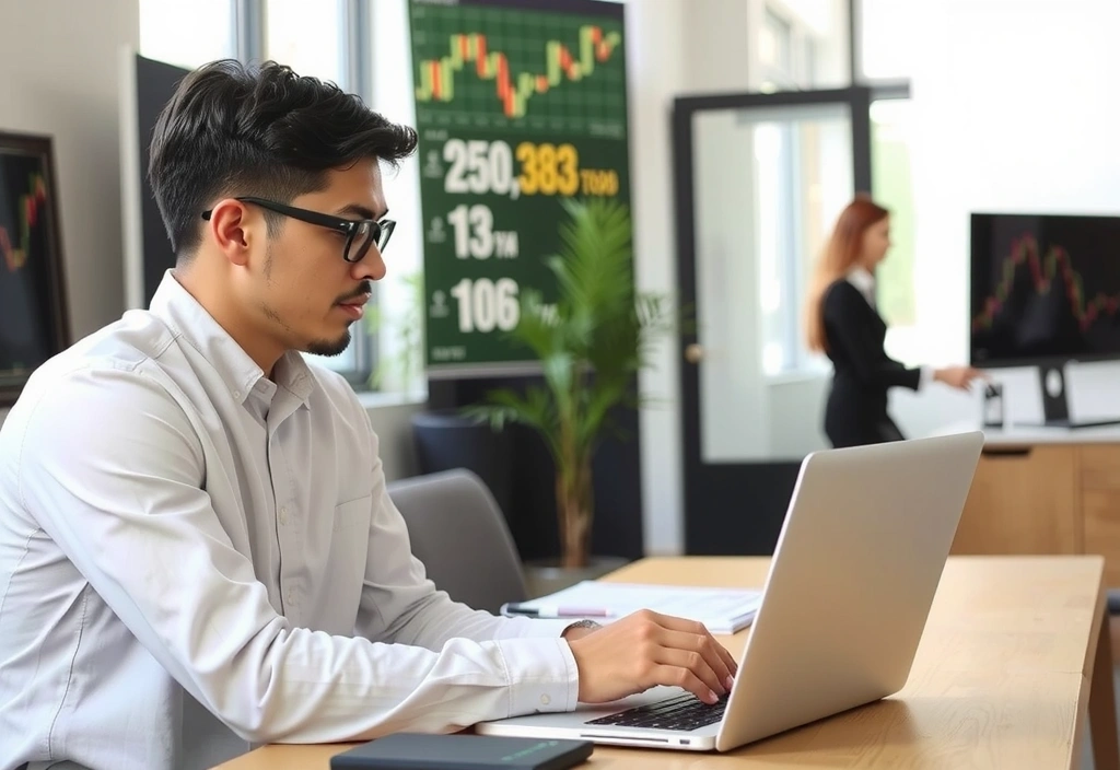 Piccolo imprenditore che lavora al computer con grafici sullo sfondo