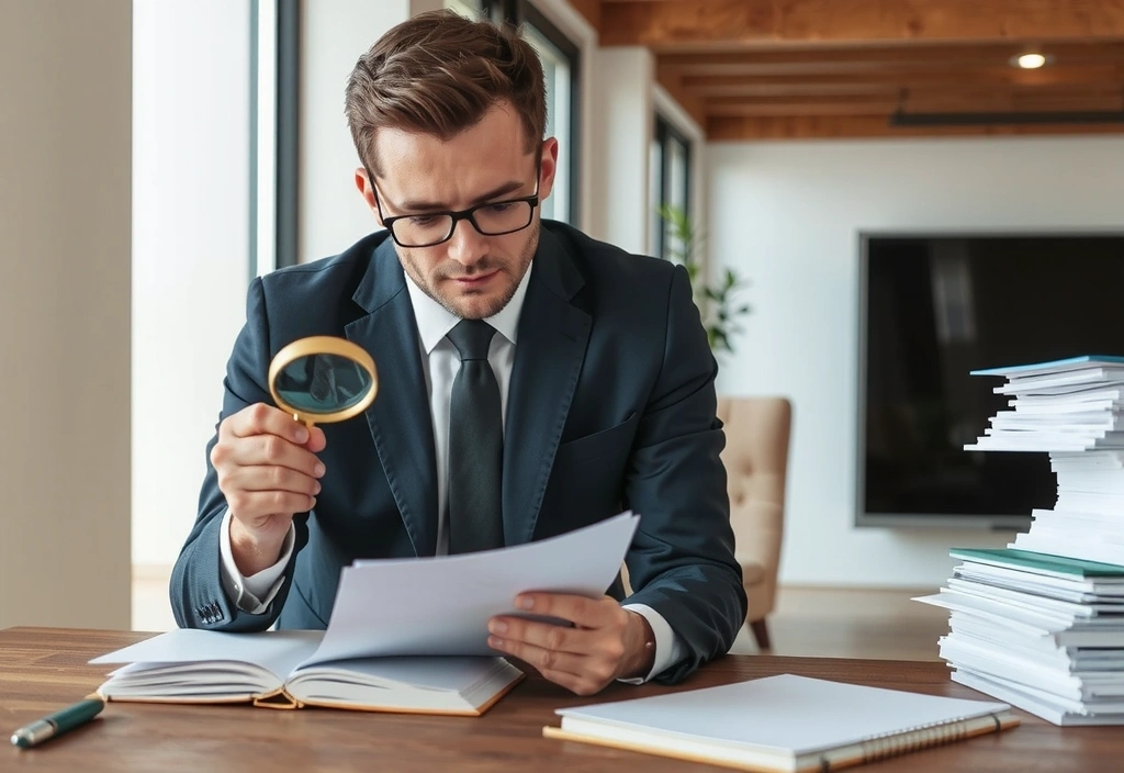 Uomo che legge documenti legali con lente di ingrandimento